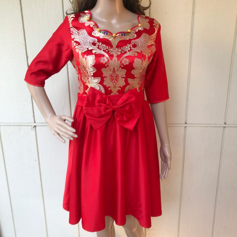 Asian Style Costume Dress Knee Length Elbow Length Woman\u2019s Size 56 Handmade Vintage Gold Brocade Red Dress with Fancy Huge Bow