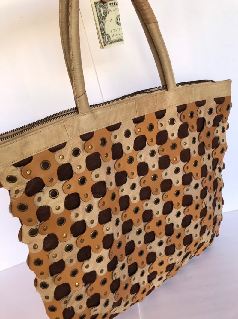 Fun Huge Bohemian Bag Reduced Price Grated Blonde Cognac Leather Pieces Shoulder Bag 90s Large Leather Patchwork Boho Hippie Tote
