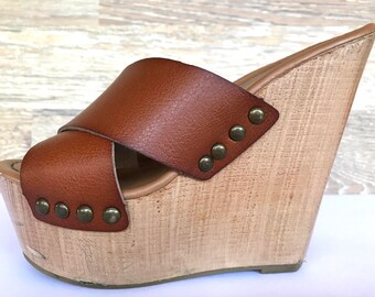 80's wood platform leather mules 6.5, Mossimo brown leather studded sandal slides 6.5, boho hippie double strapped platform mules 6.5