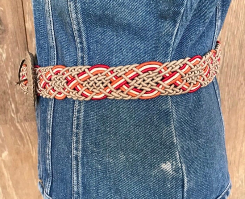 Vintage Boho Macrame Waist Belt Woven Tangerine Orange Beige Fuchsia Hippie 80s Nylon Belt One Size Fits All to 38 inches
