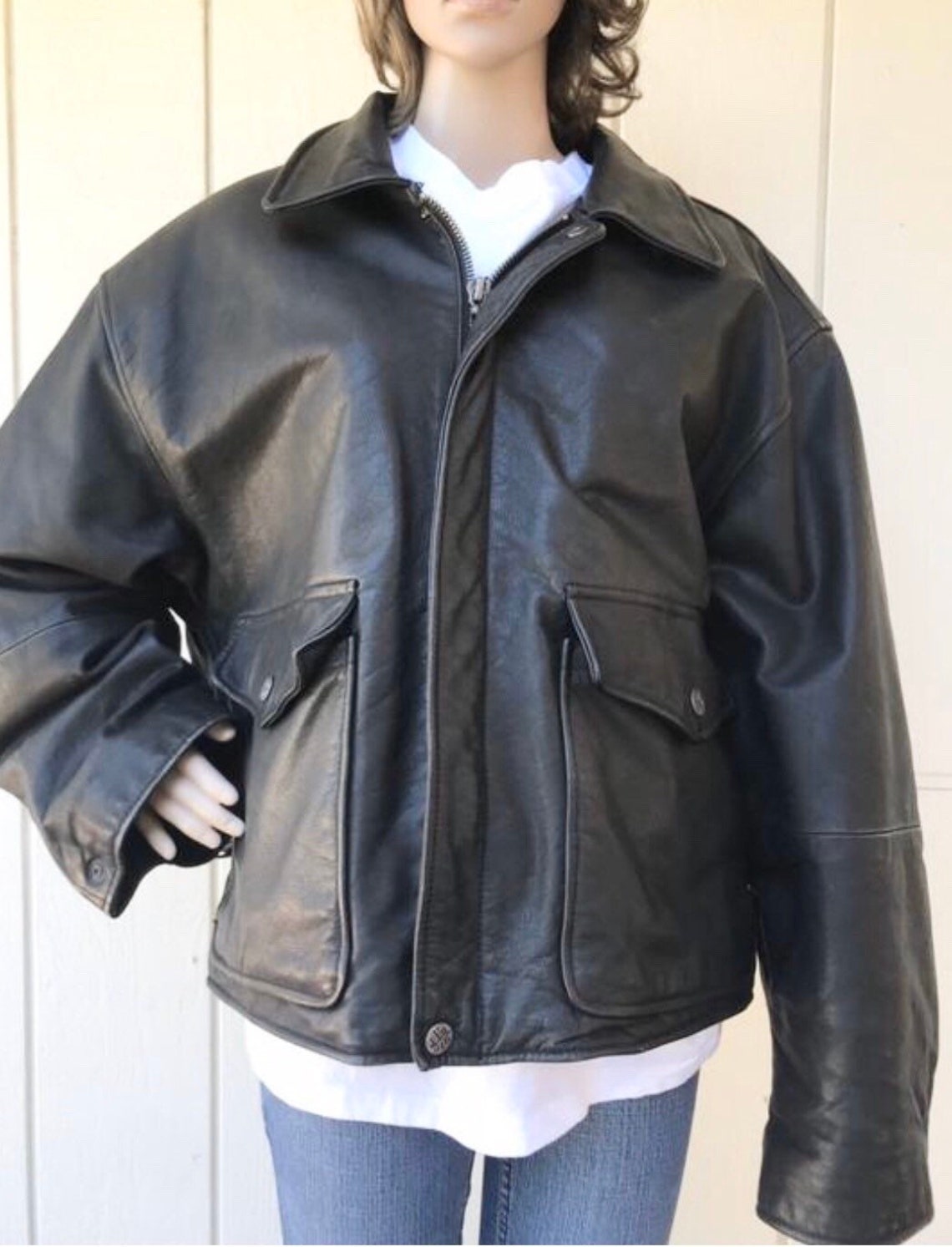 90s Black Leather Bomber Jacket Chunky Leather Motorcycle | Etsy