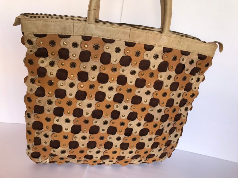 Fun Huge Bohemian Bag Reduced Price Grated Blonde Cognac Leather Pieces Shoulder Bag 90s Large Leather Patchwork Boho Hippie Tote