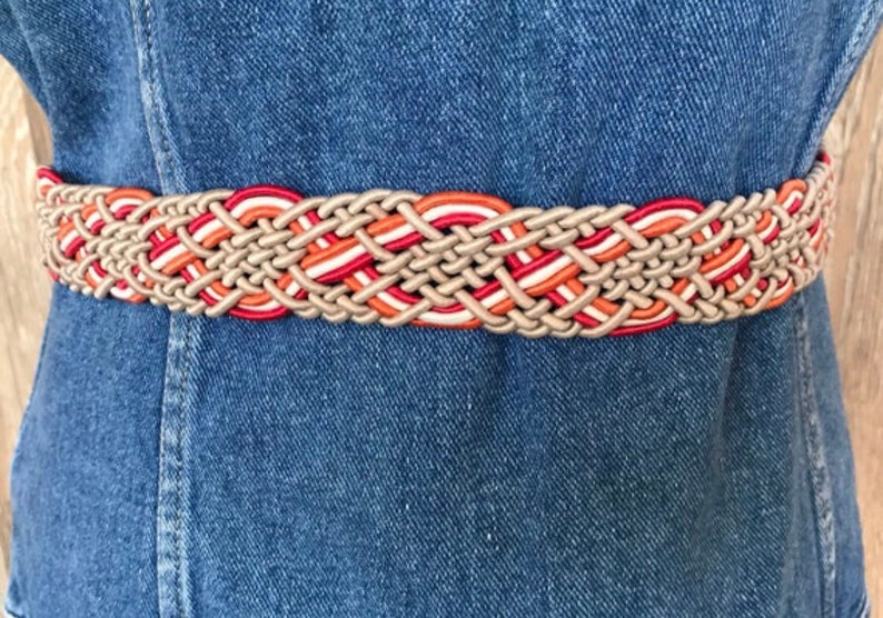 Vintage Boho Macrame Waist Belt Woven Tangerine Orange Beige Fuchsia Hippie 80s Nylon Belt One Size Fits All to 38 inches