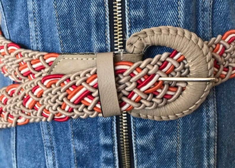 Vintage Boho Macrame Waist Belt Woven Tangerine Orange Beige Fuchsia Hippie 80s Nylon Belt One Size Fits All to 38 inches