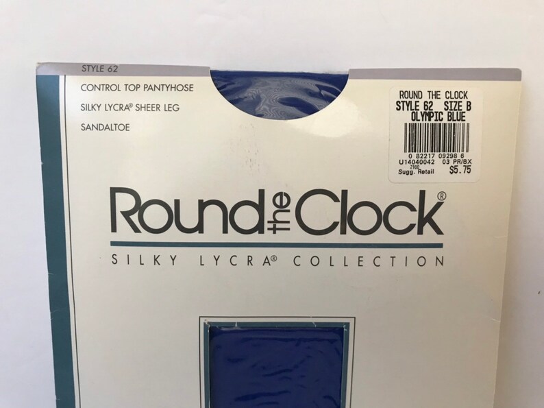 NOS Dead Stock Round the Clock Silky Lycra Size B 90s Olympic Blue control top pantyhose silky Lycra Round the Clock size B Sandaltoe