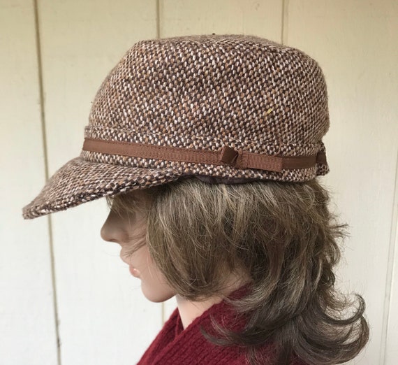 90s Brown Tweed Detective Hat, Cadet Hat, Vintage