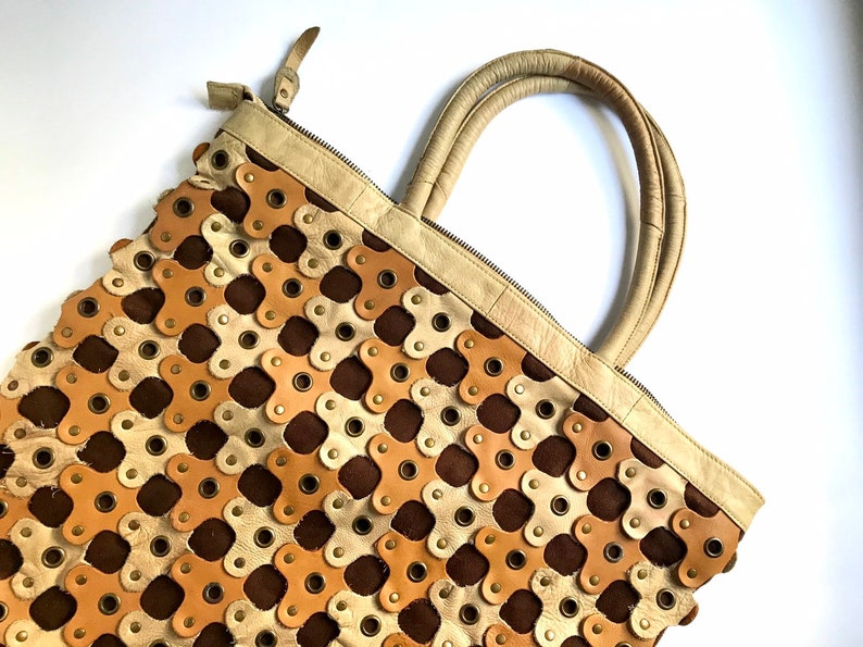 Fun Huge Bohemian Bag Reduced Price Grated Blonde Cognac Leather Pieces Shoulder Bag 90s Large Leather Patchwork Boho Hippie Tote