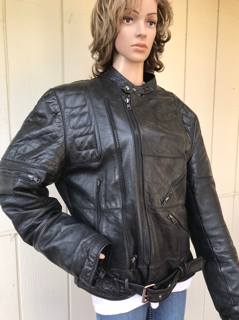 Rugged Thick Chunky Moto Riding Coat with Bel Mens Size Medium 80s Black Distressed Padded Leather Biker Jacket