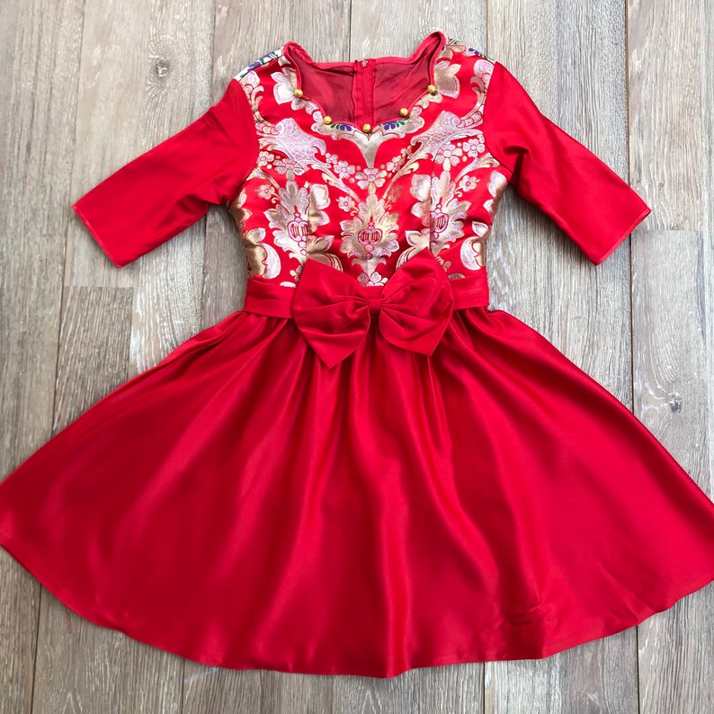Asian Style Costume Dress Knee Length Elbow Length Woman\u2019s Size 56 Handmade Vintage Gold Brocade Red Dress with Fancy Huge Bow