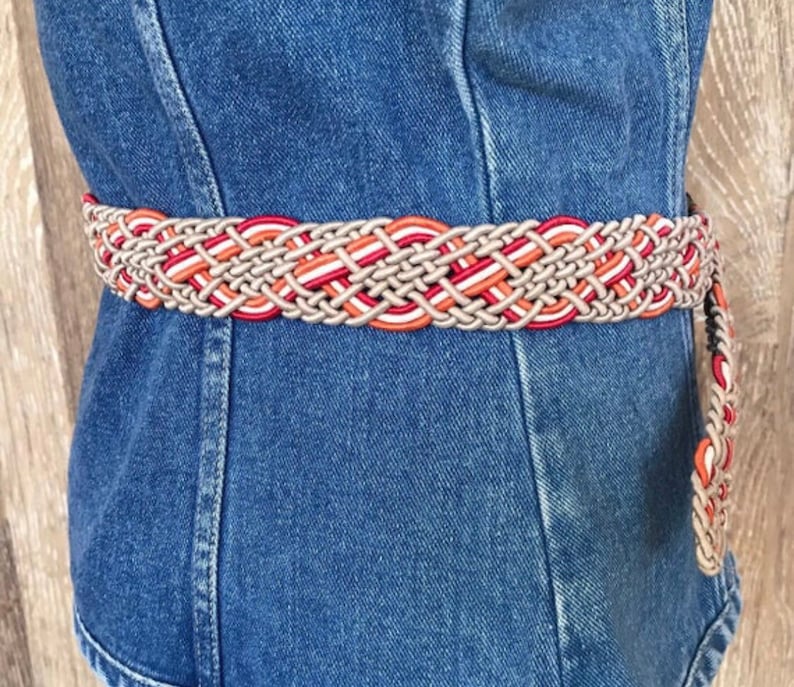 Vintage Boho Macrame Waist Belt Woven Tangerine Orange Beige Fuchsia Hippie 80s Nylon Belt One Size Fits All to 38 inches