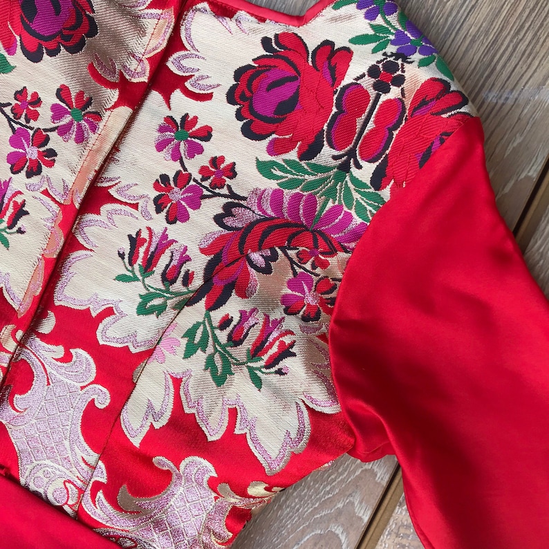 Asian Style Costume Dress Knee Length Elbow Length Woman\u2019s Size 56 Handmade Vintage Gold Brocade Red Dress with Fancy Huge Bow