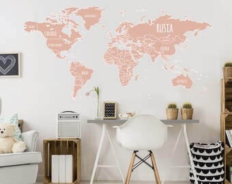 World map wall decal. Country names world map. Removable.