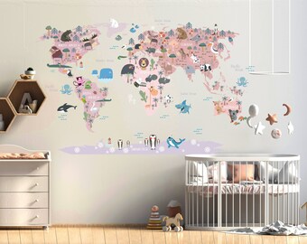 Kids world map Wall Decal in pink tones. Animals world map decal. Removable.