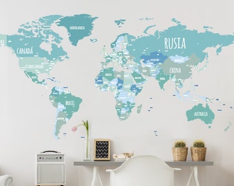 Mint color political world map wall decal. Removable.