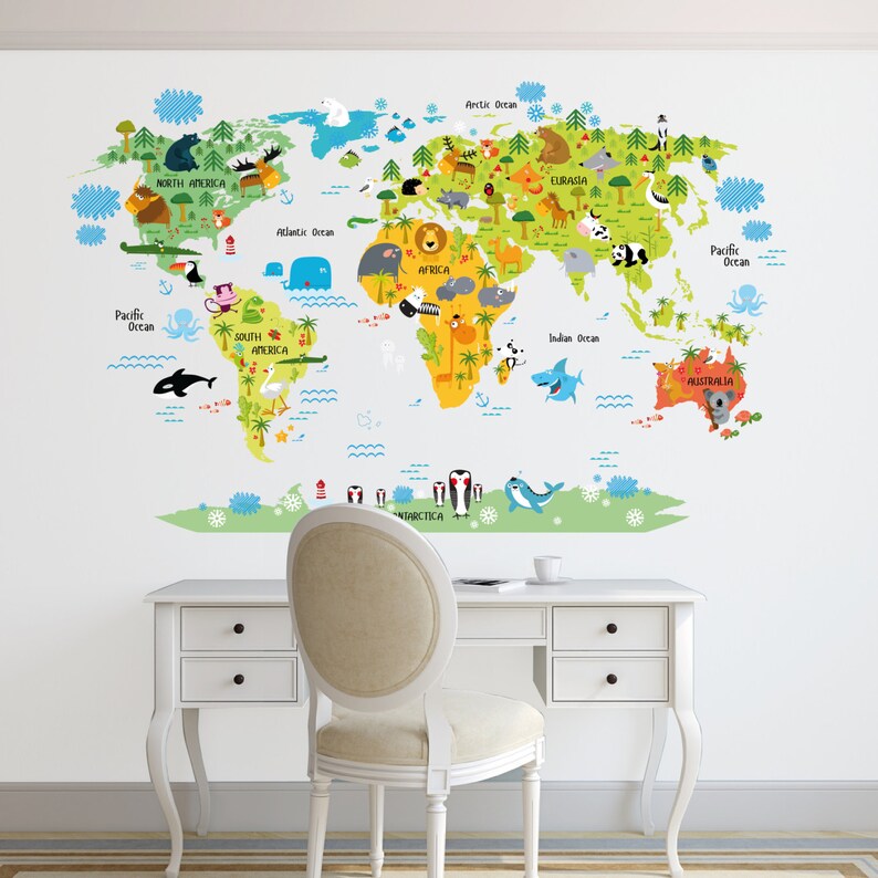 World map decal. Kids world map Wall Decal. Animals world map image 1