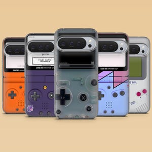 May include: Five smartphone cases featuring retro handheld gaming console designs. The cases display various colors including orange, purple, translucent gray, light blue, and white, with printed graphics of screens, buttons, and the text Game Boy Advance SP.