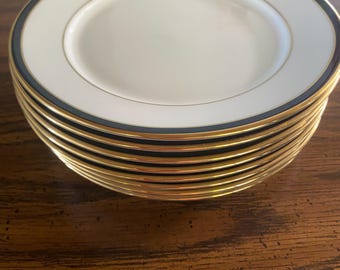 Platos de pan Lenox Urban Lights vintage – Juego de 9 piezas de porcelana fina, banda negra y borde dorado.