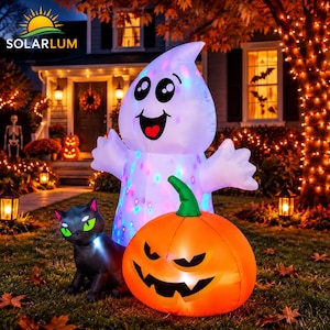 5FT Halloween Inflatable Ghost Pumpkin Cat, LED Blow Up Yard Decoration, Outdoor Lawn Halloween Decor for Garden Party Display