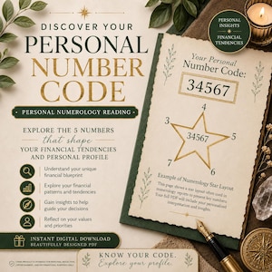 May include: A beige document titled Discover Your Personal Number Code with gold text and a star diagram containing the number 34567. The page includes sections for personal numerology reading, financial tendencies, and a digital download notice.