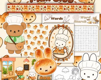 May include: A collection of stationery items titled September Mail Club by crybabyang, featuring illustrations of cartoon rabbits in chef hats, bakery scenes, a word search puzzle, patterned washi tape, and stickers with warm brown and orange tones.