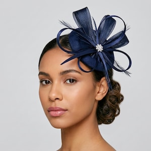 Navy Blue Loop Bow Fascinator | Rhinestone Brooch, Feather Accents (Sinamay Base)