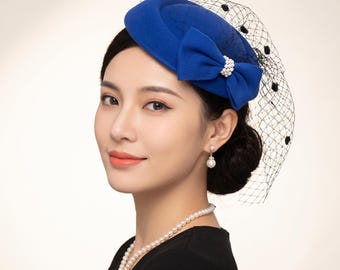 Royal Blue Wool Pillbox Hat with Birdcage Veil, Pearl Bow Fascinator