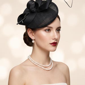 Black Sinamay Pillbox Disc Fascinator, Sculptural Ribbon Loops, Kentucky Derby Hat