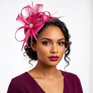 Fuchsia Loop Bow Fascinator Hat | Rhinestone Brooch Clip, Feather Accents