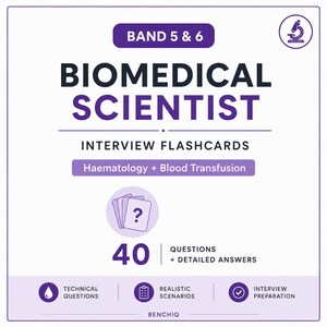 May include: A set of 40 Biomedical Scientist interview flashcards for Band 5 & 6, focusing on Haematology and Blood Transfusion. The white card features purple text, a microscope icon, a question mark icon, and labels for technical questions.