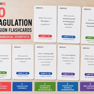 May include: A set of 50 BenchIQ coagulation revision flashcards for biomedical scientists. The white cards feature black text with questions about topics like thrombin, APTT, and DIC, colour-coded with red, blue, green, and purple labels.