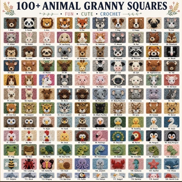 100+ Crochet Granny Square Patterns | Animals, Fruit, Sea Creatures (PDF Download)