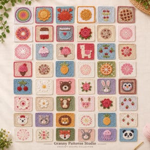 May include: A collection of forty-two square crochet patches arranged in a grid, featuring diverse motifs including animals, flowers, fruits, and sweets in various colors. The text Granny Patterns Studio Crochet Square Collection is at the bottom.