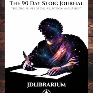 May include: A book cover titled The 90 Day Stoic Journal: The Disciplines of Desire, Action, and Assent. The graphic features a silhouette of a person writing with a quill, filled with a colorful galaxy pattern, above the text JDLIBRARIUM and a logo.