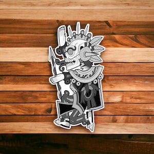 Puede incluir: Ilustración en blanco y negro de una figura esquelética con un tocado y sosteniendo una lanza. La figura está representada en un estilo mexicano tradicional estilizado.