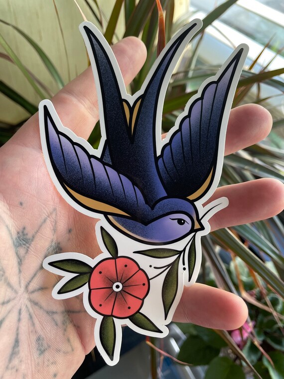 Sparrow Tattoo Sticker: Traditional Bird & Flower, Waterproof