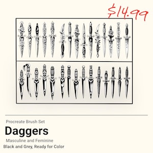 May include: A set of 20 black and white dagger illustrations for use in Procreate. The daggers are drawn in a traditional tattoo style and feature various designs, including hearts, stars, and flowers.