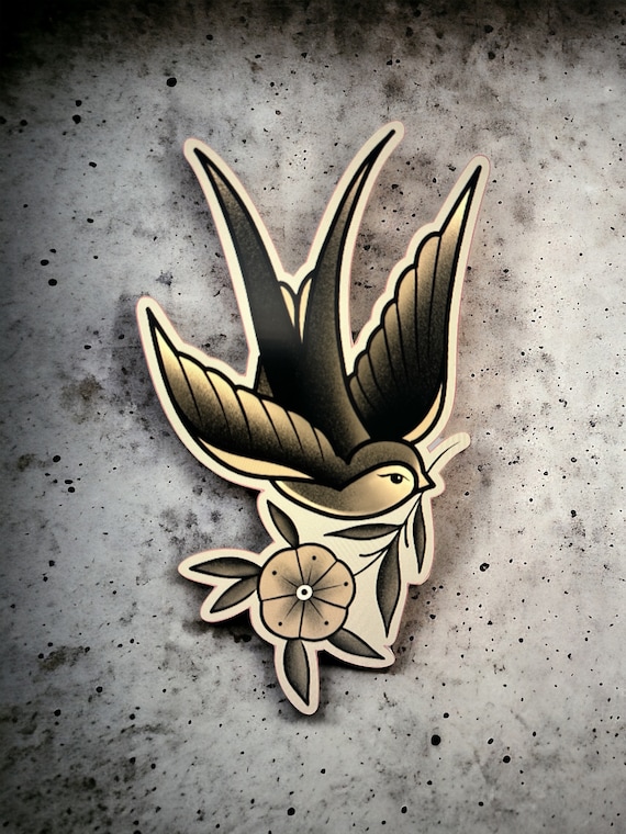 Sparrow Tattoo Sticker: Sepia Bird With Flower, Waterproof Vinyl