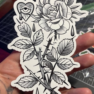 Broken stem rose tattoo sticker black an grey