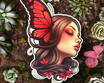 Pegatina estilo tatuaje de chica mariposa con flores