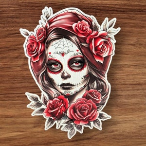 Pegatina Día de los Muertos Mujer con rosas Pegatina estilo tatuaje calcomanía día de los muertos