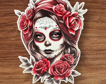 Sticker Day of the Dead Woman with roses Tattoo style sticker dia de los muertos decal
