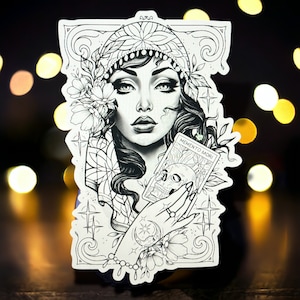 Calcomanía estilo tatuaje de adivina gitana con carta del tarot