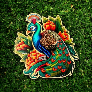Calcomanía estilo tatuaje de pájaro pavo real