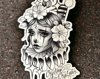 Clown Girl Cry Now Cry Later Vinyl Die Cut Waterproof Stickers for Laptop, Planner, Water Bottle and Skateboard