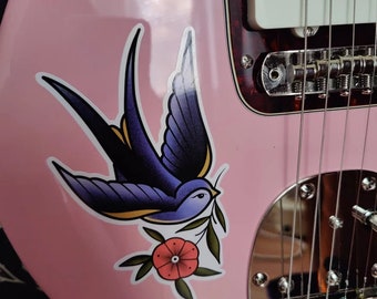 Bird Sparrow with Flower Tattoo Sticker, Traditional Cute Vinyl Die Cut Waterproof Stickers for Laptop, Planner, Water Bottle and Skateboard