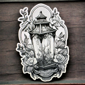Lantern Sticker tattoo art nouveau decal for water bottle etc black and grey