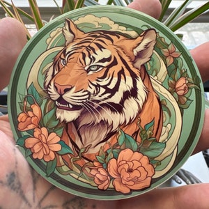 Tiger with Flowers Tattoo Sticker: Waterproof Vinyl Die Cut