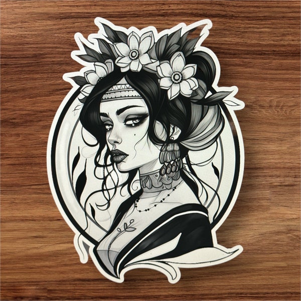 Flower Gypsy Woman tattoo style sticker decal