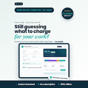 Op de afbeelding: Een digitale prijscalculator-interface weergegeven op een scherm. De tekst luidt: Still guessing what to charge for your work? Know your true cost & price after Etsy fees - no math. Bevat velden voor materiaalkosten, arbeidstijd en winstmarges.