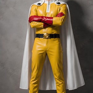 May include: A yellow jumpsuit with a front zipper, a white cape with black circular fasteners, red gloves, a black belt with a gold circular buckle, and white boots. The outfit features a smooth, leather-like texture throughout the yellow garment.
